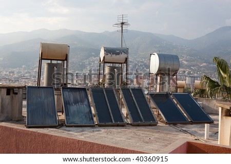 Solar thermal collectors for water heating on the roofs of Alanya, Turkey