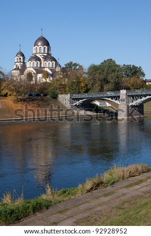 Neris river with Zverynas Bridge and Our Lady of the Sign Church in Vilnius, Lithuania