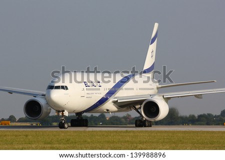PRAGUE - JULY 20: B777 EL AL taxi to takes off PRG in Prague, Czech Republic on July 20, 2010. .EL AL has one of the best safety and tight security in the industry