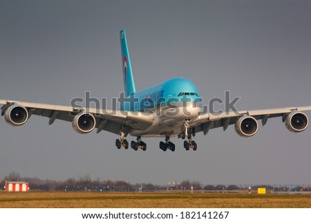 PRAGUE - MARCH 14: A380 Korean Air taxi after landing to terminal PRG in Prague, CZE on March 14, 2014. Blue top livery was introduced on in 1984. Airlines are flag carrier of South Korea