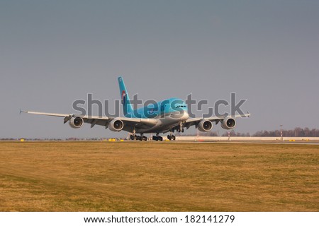 PRAGUE - MARCH 14: A380 Korean Air taxi after landing to terminal PRG in Prague, CZE on March 14, 2014. Blue top livery was introduced on in 1984. Airlines are flag carrier of South Korea