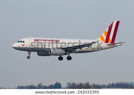 PRAGUE - DECEMBER 30: A320 Germanwings lands to PRG in Prague, Czech Republic on December 30, 2014. Germanwings  is a German low-cost airline, which is  wholly owned by Lufthansa.
