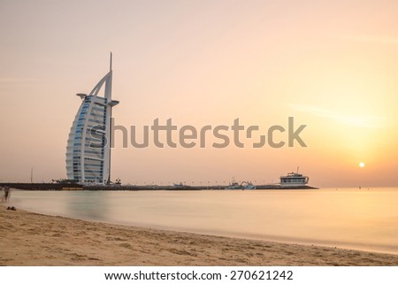 DUBAI, UAE - APRIL 1, 2015 : Burj Al Arab, One of the most famous landmark of United Arab Emirates. Picture taken during sunset on April 1, 2015.
