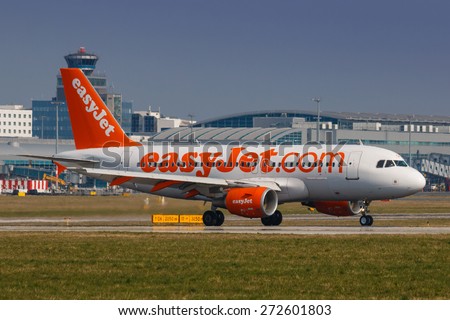 PRAGUE - APRIL 10: Easy Jet Airbus A319 airliner taxes after landing on April 10, 2015 in Prague,Czech Republic. Easyjet is the second largest low-cost airline of Europe after Ryanair.