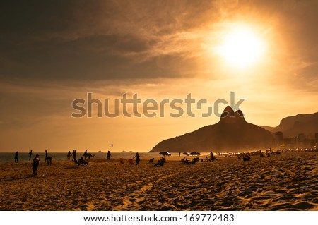 Warm Sunset on Ipanema Beach with People, Rio de Janeiro, Brazil
