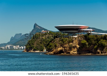 NITEROI, RIO DE JANEIRO, BRAZIL - APRIL 6, 2014: Oscar Niemeyer\'s Niteroi Contemporary Art Museum, one of the masterpiece of modern architecture, built in 1996.