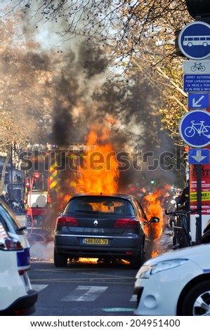 PARIS, FRANCE - DECEMBER 2: Accident in the streets of Paris on 2 December 2012. The car was set on fire by vandals.