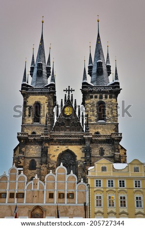 PRAGUE, CZECH REPUBLIC - JANUARY 14: The Church of Mother of God in front of Tyn in Prague, Czech Republic on January 14, 2013. The church\'s towers are 80 m high and topped by four small spires.