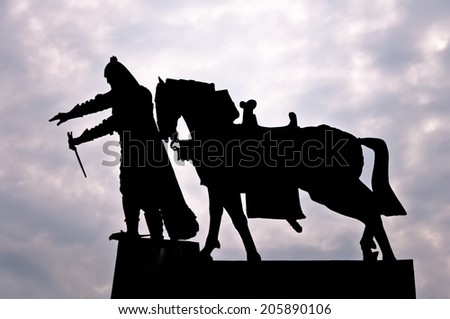 Silhouette of Grand Duke Gediminas with Horse Monument in Vilnius, Lithuania