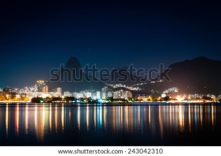 Nice Night View of Mountains and City Lights of Rio de Janeiro near Rodrigo de Freitas Lagoon