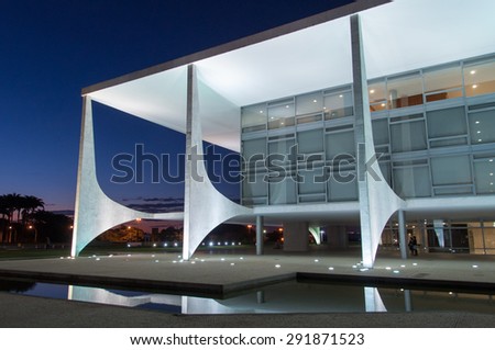 BRASILIA, BRAZIL - JUNE 3, 2015: Planalto Palace at night, a residence of the president of Brazil. It was designed by Oscar Niemeyer and completed in 1960.