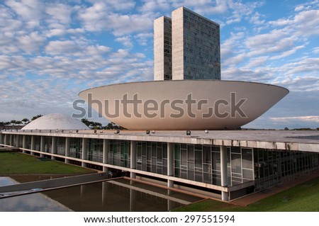 BRASILIA, BRAZIL - JUNE 3, 2015: Brazilian National Congress. The building was designed by Oscar Niemeyer in the modern Brazilian style.