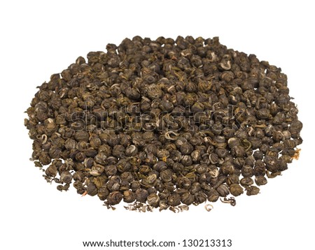 Pile of chinese dragon pearl jasmine green tea isolated on white background