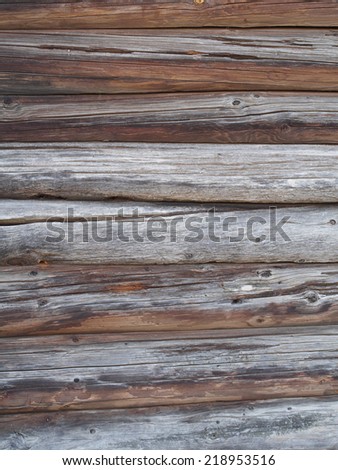 Wooden old weathered rough log cabin wall background, wood texture