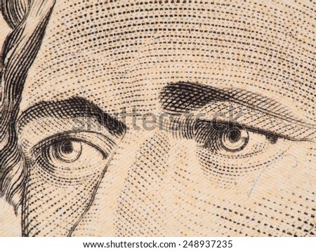 Alexander Hamilton eyes extreme macro on US 10 dollar bill, united states money closeup, 2013 series