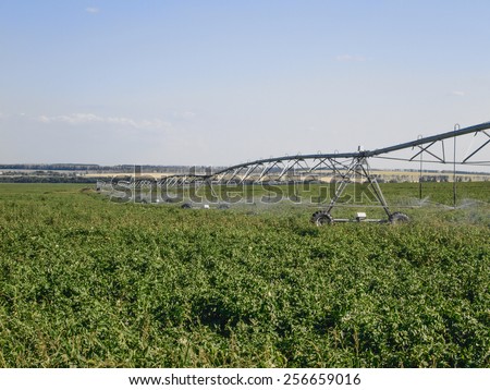 Pivot water system on a farm field, agriculture irrigation machine