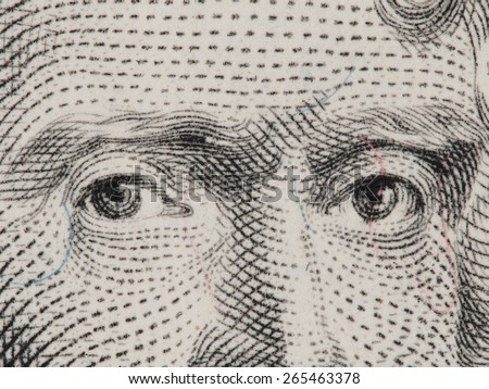 President Thomas Jefferson eyes super macro on us 2 dollar bill, united states money closeup