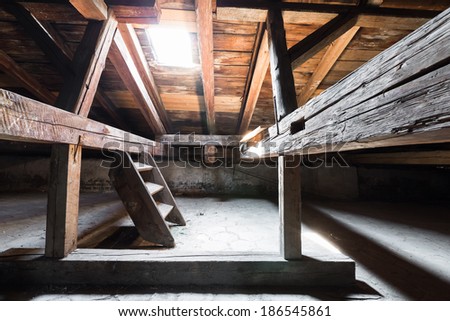 the attic of an old building, detail, low light