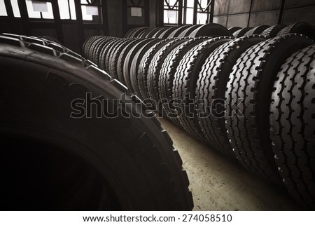 New, large tires of a bus garage