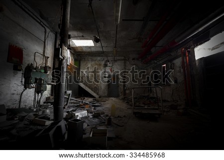 garbage, dirty room in an abandoned old factory, poor light