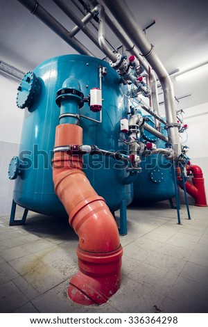 industrial interior, cleaning equipment, containers, color effect