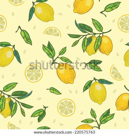 Lemon with leaves seamless pattern. Colorful  illustration with citrus fruits on dark and light background.