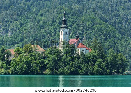 Lake Bled with turquoise water and Assumption of Mary Church on the island