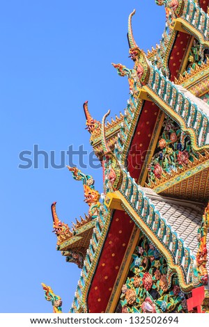 gable apex and naka made of ceramic decoration on top of roof temple, Bangkok, Thailand