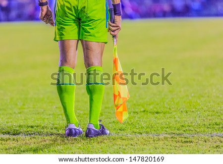 line referee holding flag on soccer match