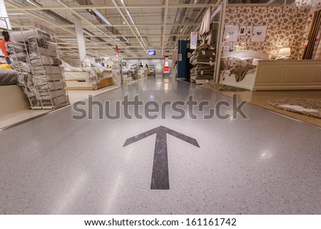 Bangkok - October 23: Direction Sign On The Floor Of Ikea Bangkok Store On October 23, 2013 In Mega Bangna, Bangkok. Founded In Sweden In 1943, Ikea Is The World'S Largest Furniture Retailer.
