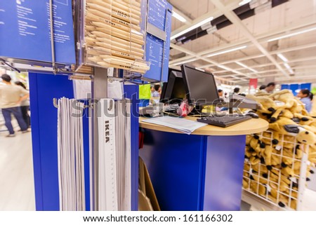 BANGKOK - OCTOBER 23: Pencil, tapeline and map for customer of IKEA Bangkok Store on October 23, 2013 in Bangkok. Founded in Sweden in 1943, Ikea is the world\'s largest furniture retailer.