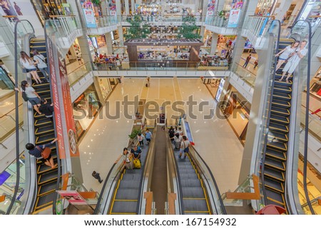 BANGKOK - DECEMBER 10: People shop at Central World on Dec 10, 2013 in Bangkok. It is a shopping plaza and complex which is the sixth largest shopping complex in the world, owned by Central Pattana