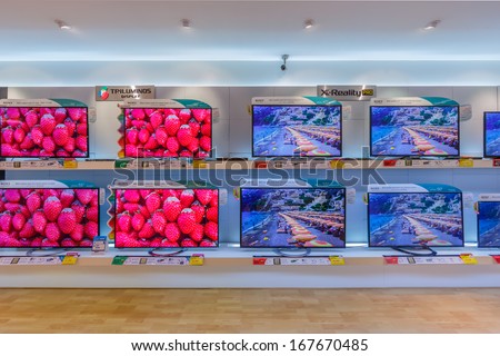 BANGKOK - DECEMBER 5 : LCD display at Siam Paragon on Dec 5, 13. The company is one of the leading manufacturers of electronic products which ranked 87th on the 2012 list of Fortune Global 500.
