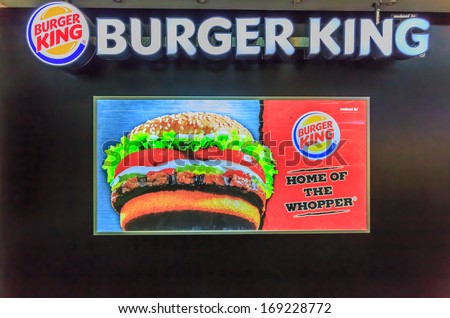 BANGKOK - DECEMBER 18: Burger King sign in Don Mueang International Airport on Dec 18, 13 in Bangkok. It is considered to be one of the worlds oldest international airports.