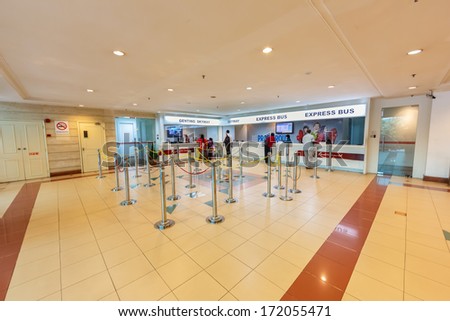 GENTING HIGHLANDS, MALAYSIA - DECEMBER 22 : Ticket counter at ground station of Genting Skyway on Dec 22,13 in Malaysia. It is a gondola lift connecting Gohtong Jaya and Resorts World Genting.