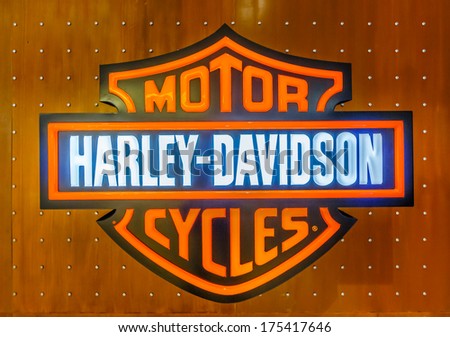 KUALA LUMPUR - DECEMBER 23: Harley-Davidson Logo at KLCC on Dec 23, 2013 in KL, Malaysia. Harley-Davidson sustains a large brand community which keeps active through clubs, events, and a museum.