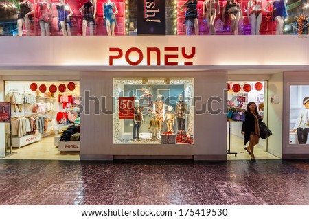 GENTING HIGHLANDS, MALAYSIA - DEC 21 : Front Store of Poney in First World Plaza on Dec 21,13 in Genting Highlands. It\'s a shopping centre, consists of shops, restaurants, an indoor theme park, ect.