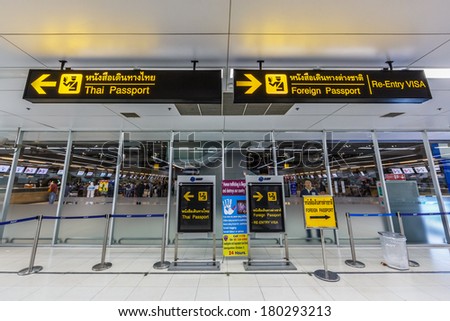 BANGKOK- FEB 10 : Immigration Direction Board at Suvanaphumi Airport, Bangkok on Feb 10, 2014. Suvarnabhumi airport is world\'s 4th largest single-building airport terminal.
