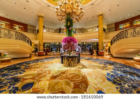 MANILA - FEB 12: Lobby of Makati Shangri-La Hotel on 12 Feb, 14 in Manila. It is a 5-star luxury hotel located in Makati City, and one of the three hotels managed by Shangri-La Hotels and Resorts.