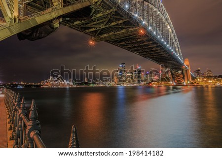 SYDNEY - MAY 10: Sydney Harbor Bridge on May 10, 2014 in Sydney. It is a steel arch bridge across Sydney Harbor that carries rail, vehicle and pedestrian traffic between the city and the North Shore.