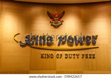 BANGKOK- MAY 4 : King Power logo at Suvanaphumi Airport, Bangkok on May 4, 14. It is the biggest travel retailer in Thailand, with its own Duty Free shopping mall in Bangkok and airports in Thailand.