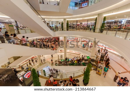 BANGKOK - JUN 22: People shop at Central World on Jun 22, 14 in Bangkok. It is a shopping plaza and complex which is the sixth largest shopping complex in the world, owned by Central Pattana.