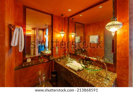 HUA HIN, THAILAND - MAY 23: In room toilet of Marrakech Hotel on May 23, 14 in Hua Hin. The design of the hotel was Inspired by rich and colorful culture of Morocco\'s Marrakech or \
