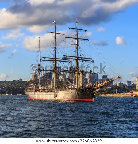 SYDNEY - MAY 10: Vintage windjammer on May 10, 2014 in Sydney.  It\'s a type of large sailing ship, with an iron or, for the most part, steel hull, built to carry cargo in the 19th century.