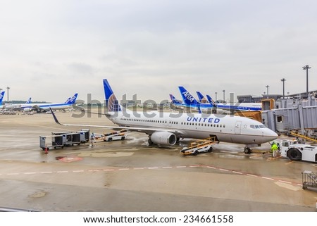 TOKYO - JUL 19: United Airline aircraft at Narita Airport on Jul 19, 2014 in Tokyo. United Air line is an American major airline headquartered in Chicago, Illinois.