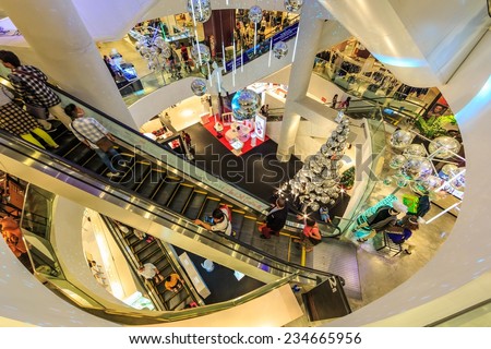 BANGKOK - DEC 30: People shop at Central World on Dec 30, 2013 in Bangkok, Thailand. It is a shopping plaza and complex in Bangkok which is the sixth largest shopping complex in the world.