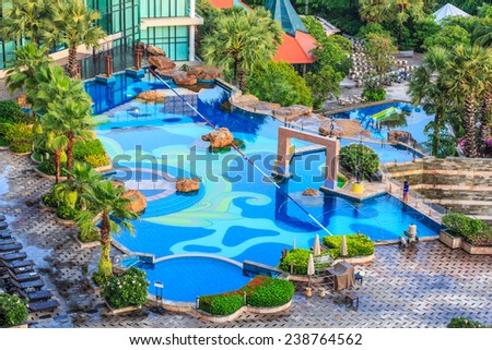 PATTAYA, THAILAND - SEP 21: swimming pool at The Zign Hotel on Sep 21, 2014 in Pattaya. It is luxury hotel in Naklua, Pattay, the interior design is back into the 1950s and 1960s.