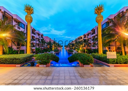 HUA HIN, THAILAND - DEC 13: Main pool of Marrakech Hotel on Dec 13, 2014 in Hua Hin. The design of the hotel was Inspired by rich and colorful culture of Morocco\'s Marrakech or \