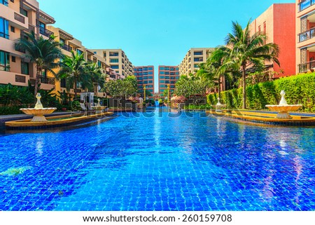 HUA HIN, THAILAND - DEC 15: Main pool of Marrakech Hotel on Dec 15, 2014 in Hua Hin. The design of the hotel was Inspired by rich and colorful culture of Morocco\'s Marrakech or \