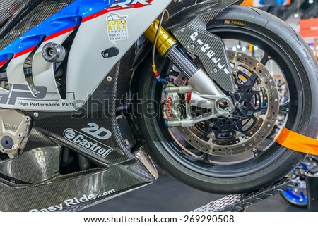 BANGKOK - NOV 28: BMW motorcycle wheel on Nov 28, 2014 at Bitec , Bangkok. BMW\'s motorcycle history began in 1921, Motorcycle manufacturing now operates under the BMW Motorrad brand.